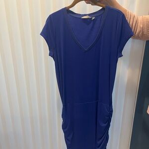 Athleta Sporty V Neck Blue Dress with side ruching.